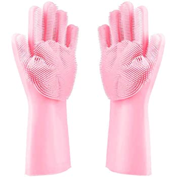 UK Magic Silicone Rubber Dish Washing Gloves Kitchen Pet Bath Cleaning Scrubber 
